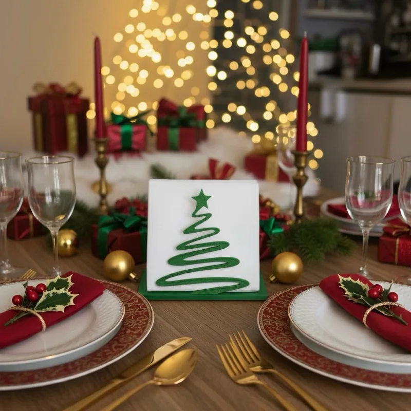 Porta-guardanapo verde em forma de árvore de Natal numa mesa decorada
